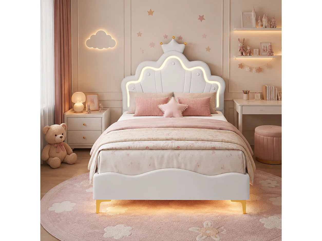 Lit Enfant Fille 90x190 cm, Lit Princesse avec LED, Tête de Lit Réglable en Hauteur en Forme de Couronne, pour Adolescent, Sommier à Lattes, PU, Blanc