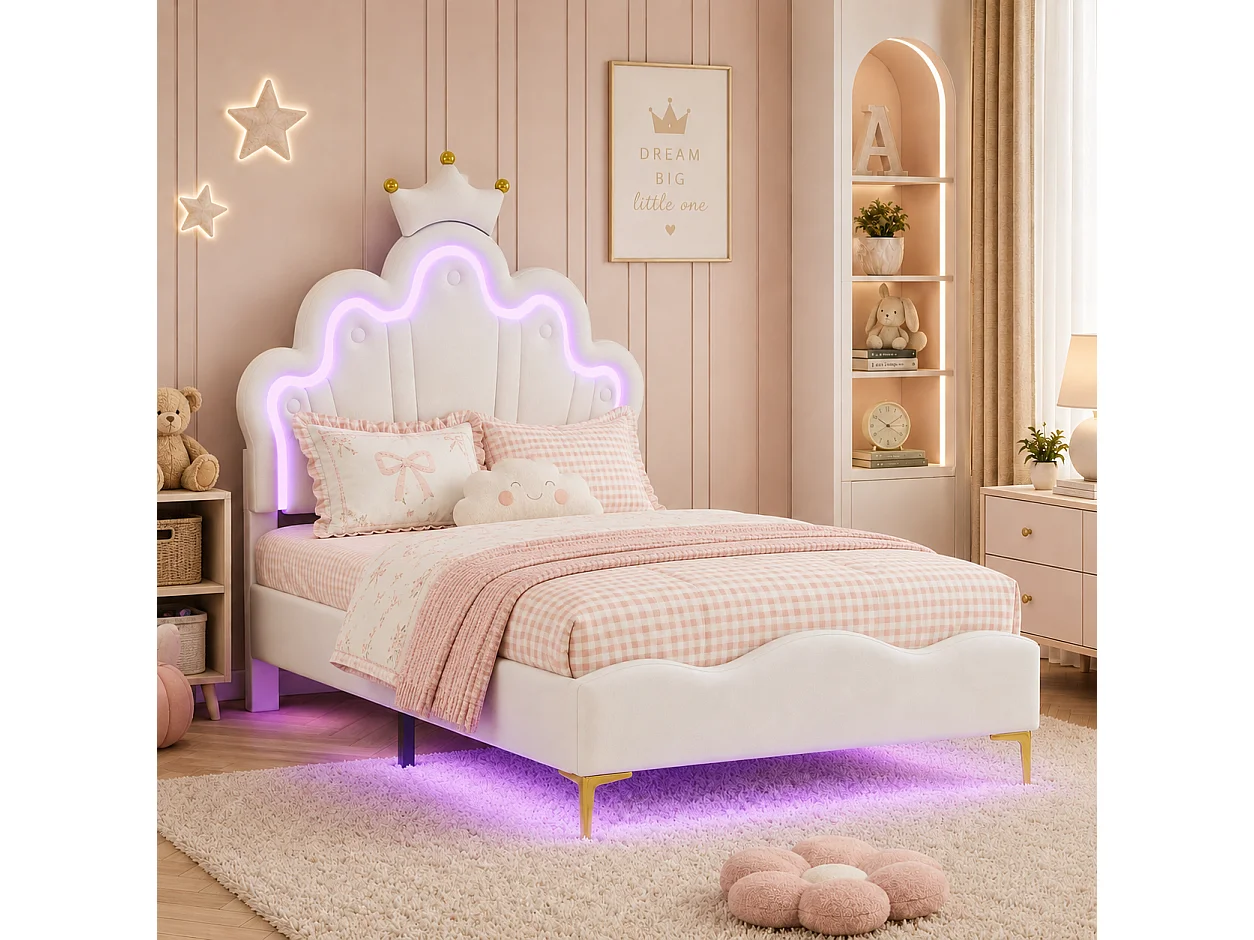 Lit Enfant Fille 90x190 cm, Lit Princesse avec LED, Tête de Lit Réglable en Hauteur en Forme de Couronne, pour Adolescent, Sommier à Lattes, PU, Blanc