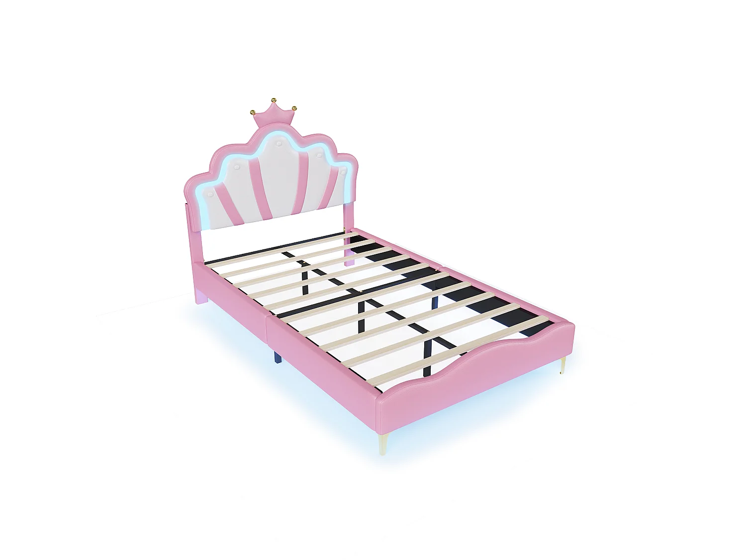 Lit Enfant Fille 140x190 cm avec LED, Lit Princesse en PU avec Tête de Lit Couronne, Cadre de Lit avec Sommier à Lattes, pour Chambre d’Enfant, Rose