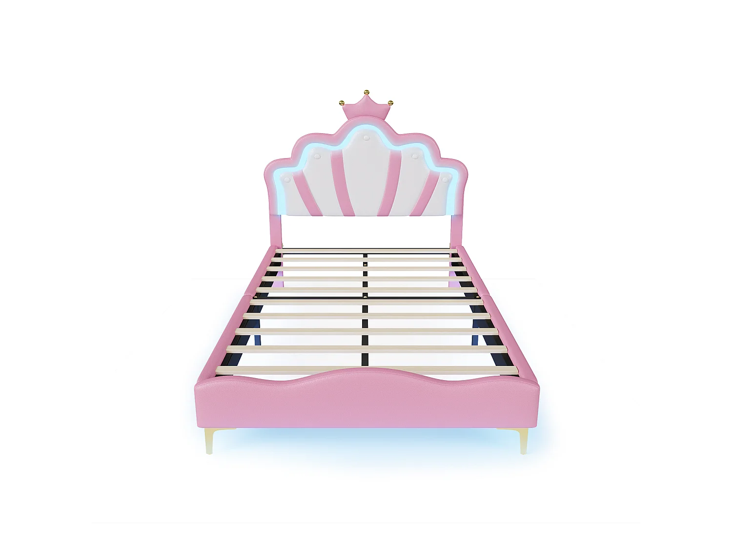 Lit Enfant Fille 140x190 cm avec LED, Lit Princesse en PU avec Tête de Lit Couronne, Cadre de Lit avec Sommier à Lattes, pour Chambre d’Enfant, Rose