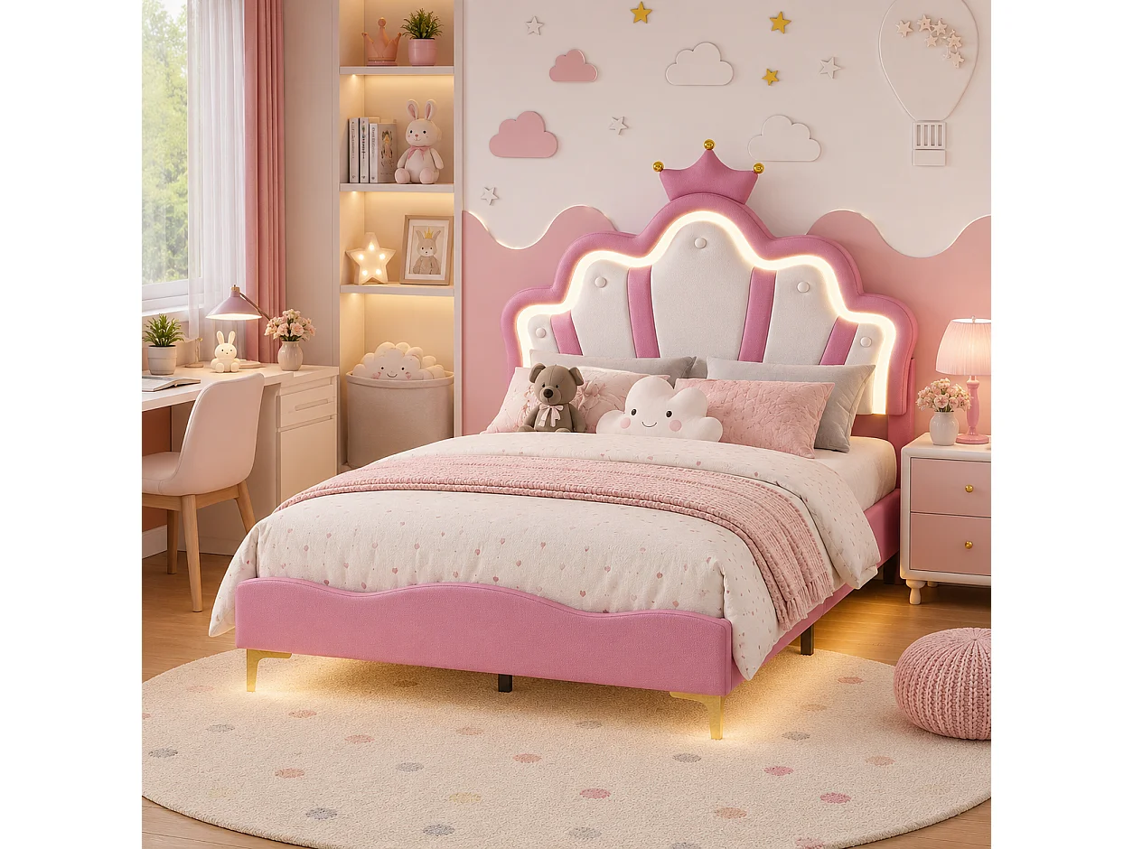 Lit Enfant Fille 140x190 cm avec LED, Lit Princesse en PU avec Tête de Lit Couronne, Cadre de Lit avec Sommier à Lattes, pour Chambre d’Enfant, Rose