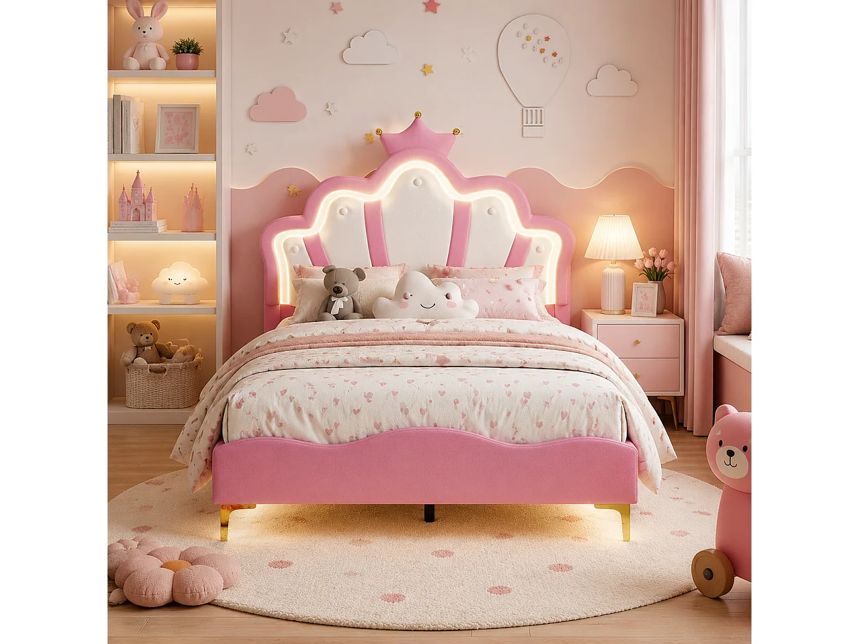 Lit Enfant Fille 140x190 cm avec LED, Lit Princesse en PU avec Tête de Lit Couronne, Cadre de Lit avec Sommier à Lattes, pour Chambre d’Enfant, Rose