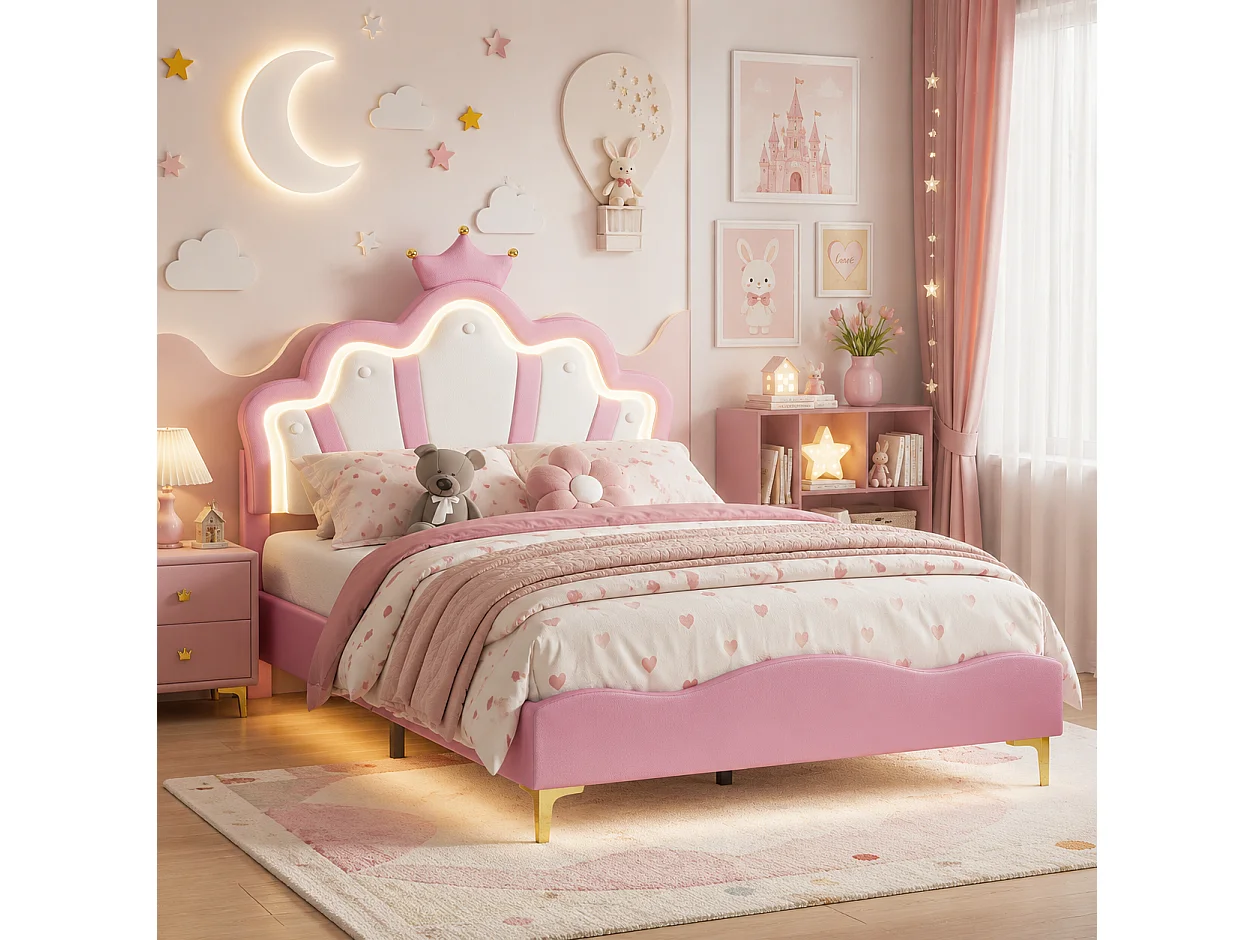 Lit Enfant Fille 140x190 cm avec LED, Lit Princesse en PU avec Tête de Lit Couronne, Cadre de Lit avec Sommier à Lattes, pour Chambre d’Enfant, Rose