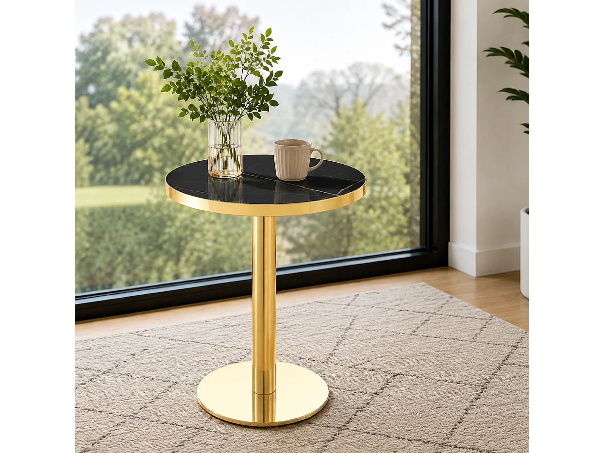 Table d'appoint ronde 60 x 60 cm effet marbre noir - Pied en acier inoxydable doré