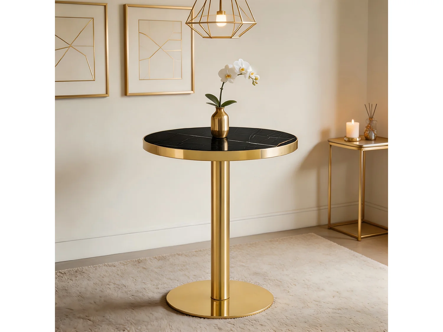 Table d'appoint ronde 60 x 60 cm effet marbre noir - Pied en acier inoxydable doré