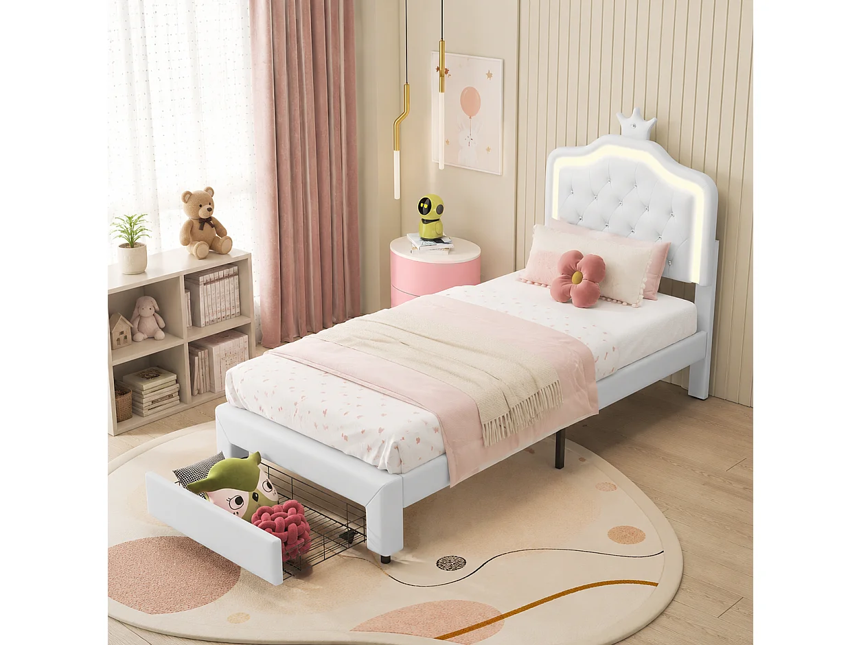 Lit Simple 90x200 cm avec Lampes LED, Lit Enfant avec Tête de Lits réglable en Hauteur et 1 tiroirs, pour Fille en Cuir avec Couronne, PU, Blanc