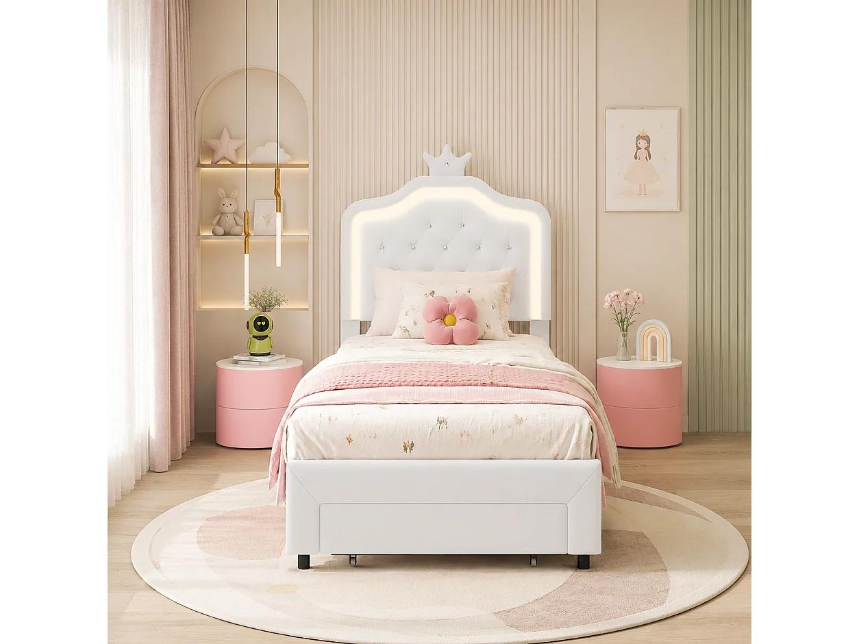 Lit Simple 90x200 cm avec Lampes LED, Lit Enfant avec Tête de Lits réglable en Hauteur et 1 tiroirs, pour Fille en Cuir avec Couronne, PU, Blanc