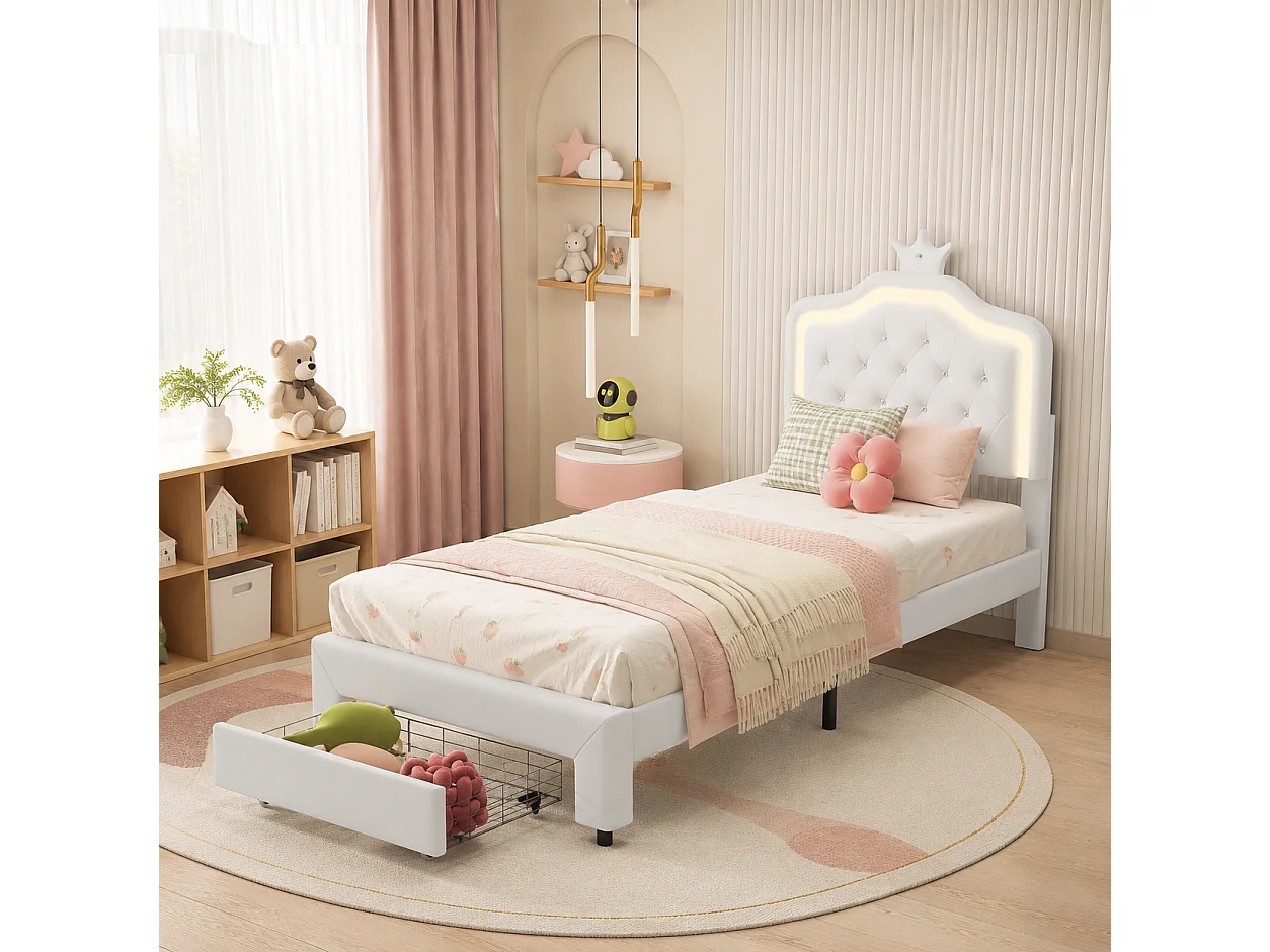 Lit Simple 90x200 cm avec Lampes LED, Lit Enfant avec Tête de Lits réglable en Hauteur et 1 tiroirs, pour Fille en Cuir avec Couronne, PU, Blanc