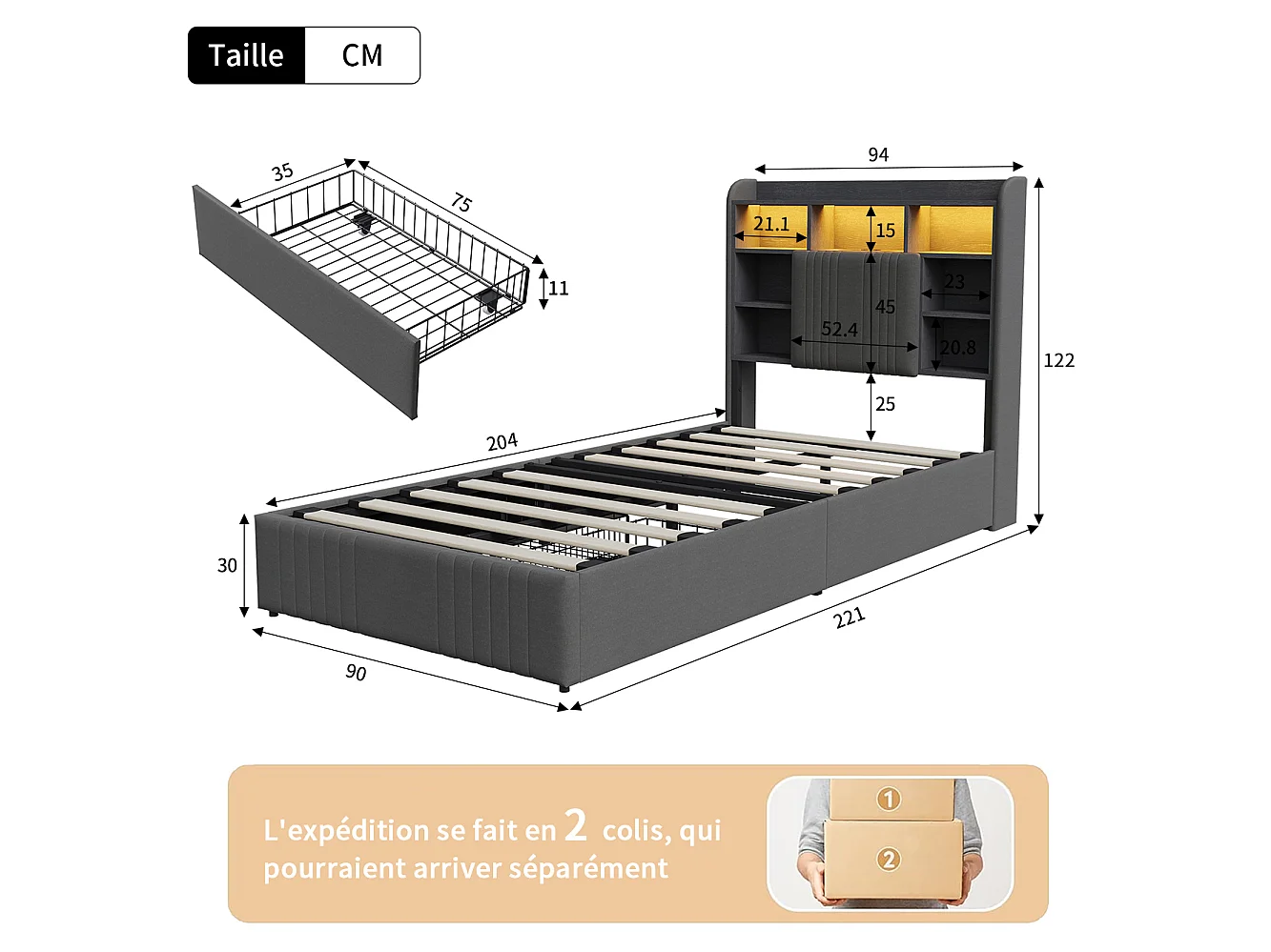 Lit simple 90x200 cm avec 2 tiroirs et station de charge, lumières LED, structure de lit pour enfant avec lattes en bois, tête de lit en lin, Gris