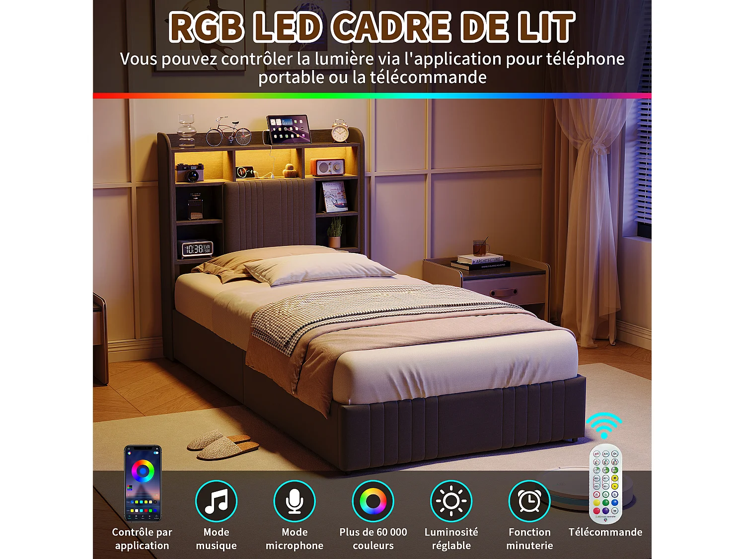 Lit simple 90x200 cm avec 2 tiroirs et station de charge, lumières LED, structure de lit pour enfant avec lattes en bois, tête de lit en lin, Gris