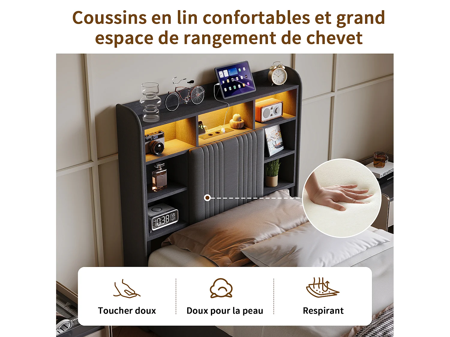 Lit simple 90x200 cm avec 2 tiroirs et station de charge, lumières LED, structure de lit pour enfant avec lattes en bois, tête de lit en lin, Gris