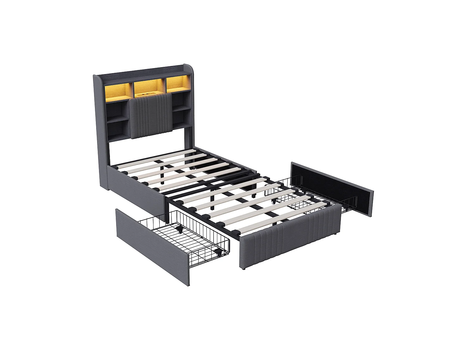 Lit simple 90x200 cm avec 2 tiroirs et station de charge, lumières LED, structure de lit pour enfant avec lattes en bois, tête de lit en lin, Gris