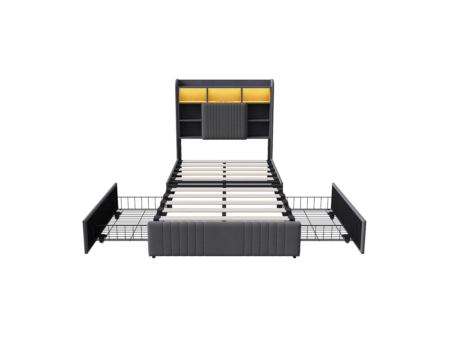 Lit simple 90x200 cm avec 2 tiroirs et station de charge, lumières LED, structure de lit pour enfant avec lattes en bois, tête de lit en lin, Gris