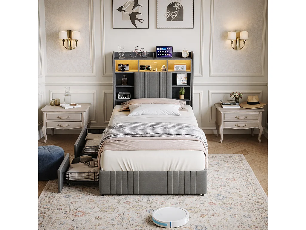 Lit simple 90x200 cm avec 2 tiroirs et station de charge, lumières LED, structure de lit pour enfant avec lattes en bois, tête de lit en lin, Gris