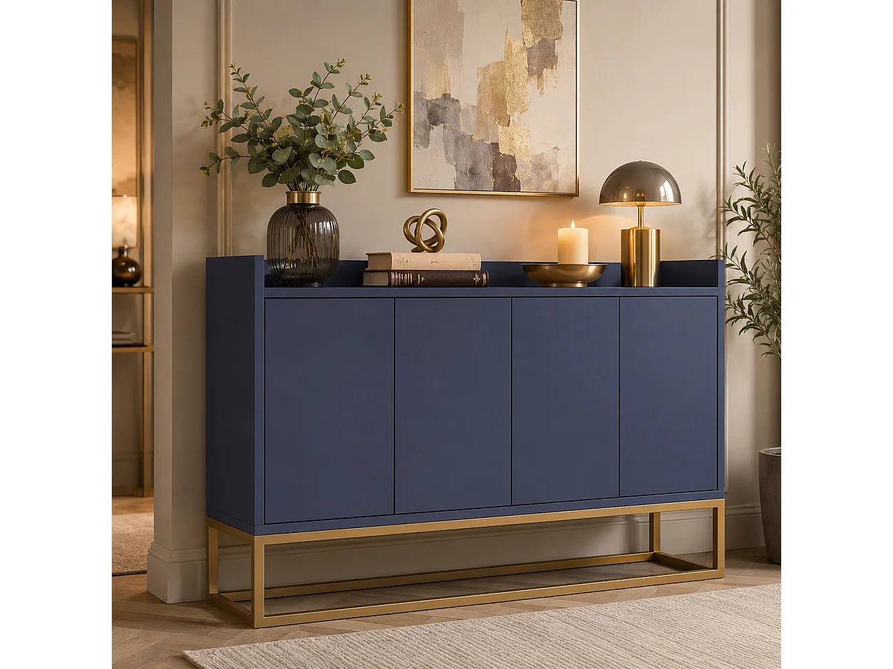 Buffet avec Pieds en métal doré, Meuble de Rangement de Style Moderne, Armoire, 4 Portes, 120x30x80 cm, pour Cuisine, Salle à Manger, Salon, Bleu