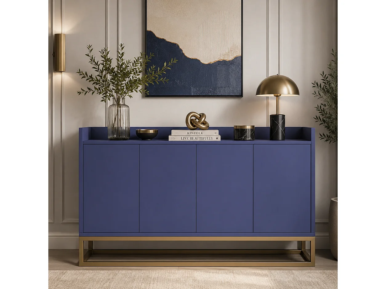 Buffet avec Pieds en métal doré, Meuble de Rangement de Style Moderne, Armoire, 4 Portes, 120x30x80 cm, pour Cuisine, Salle à Manger, Salon, Bleu