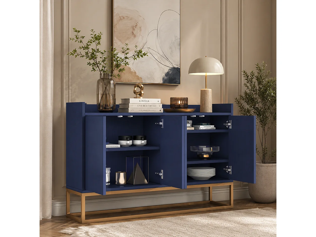 Buffet avec Pieds en métal doré, Meuble de Rangement de Style Moderne, Armoire, 4 Portes, 120x30x80 cm, pour Cuisine, Salle à Manger, Salon, Bleu