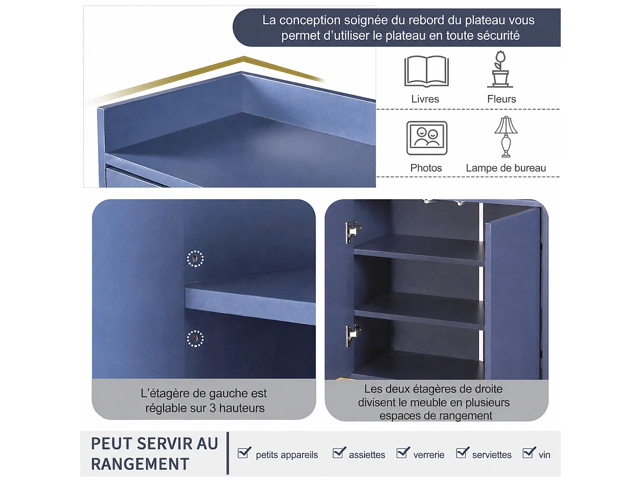 Buffet avec Pieds en métal doré, Meuble de Rangement de Style Moderne, Armoire, 4 Portes, 120x30x80 cm, pour Cuisine, Salle à Manger, Salon, Bleu