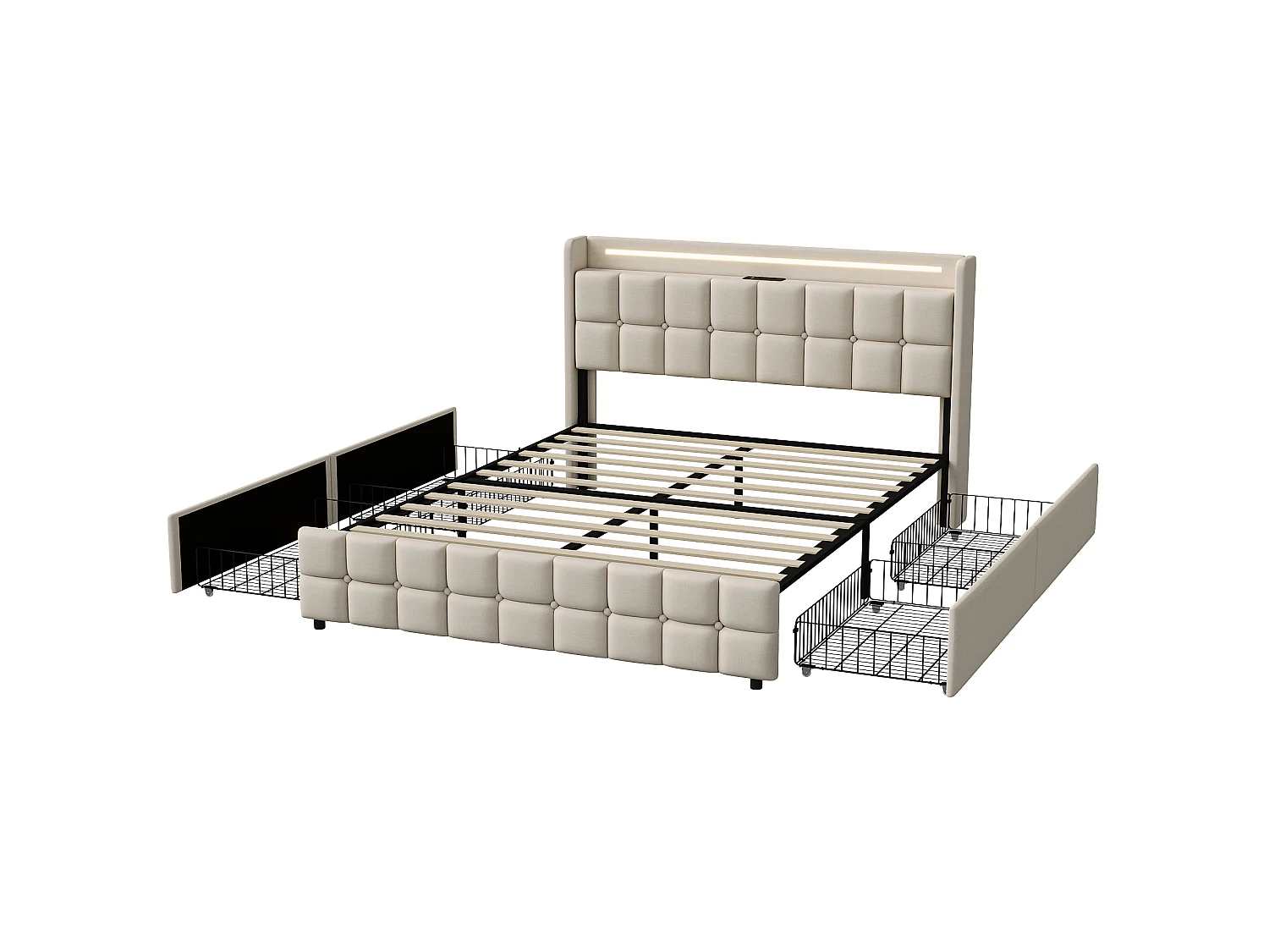Lit coffre 180x200 cm - lit double avec LED et port USB - lit adulte avec tiroir de rangement - Lit capitonné 180x200cm avec sommier à lattes - Lin beige