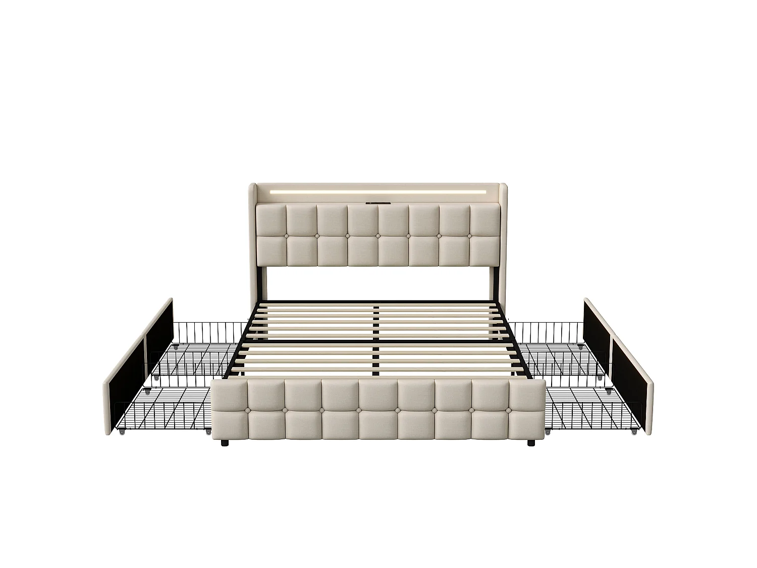 Lit coffre 180x200 cm - lit double avec LED et port USB - lit adulte avec tiroir de rangement - Lit capitonné 180x200cm avec sommier à lattes - Lin beige