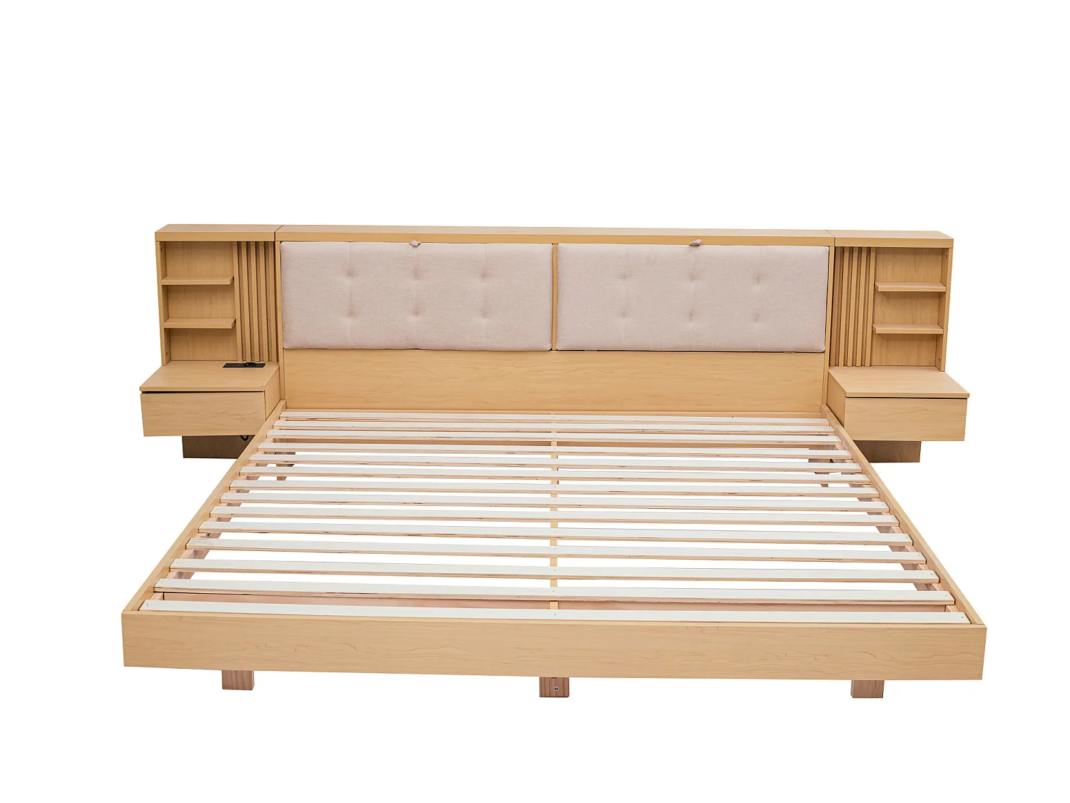 Vuxensäng 180x200 cm med USB-port och 2 nattduksbord - Naturfärgad och beige dubbelsäng