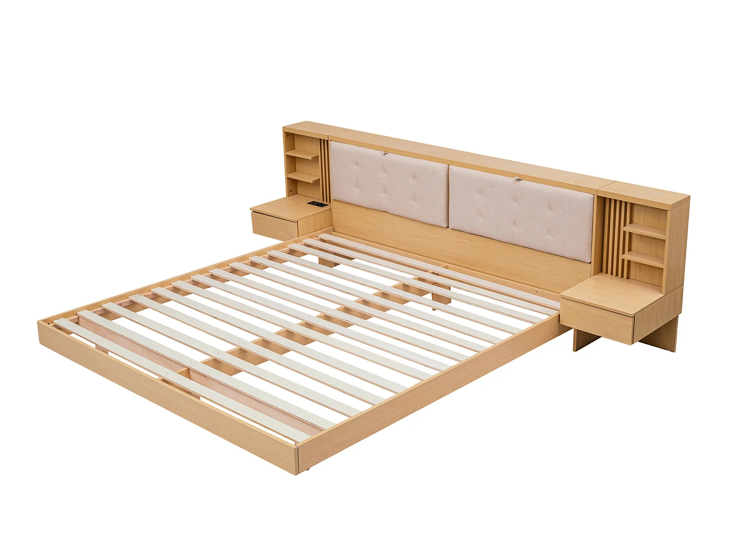 Vuxensäng 180x200 cm med USB-port och 2 nattduksbord - Naturfärgad och beige dubbelsäng