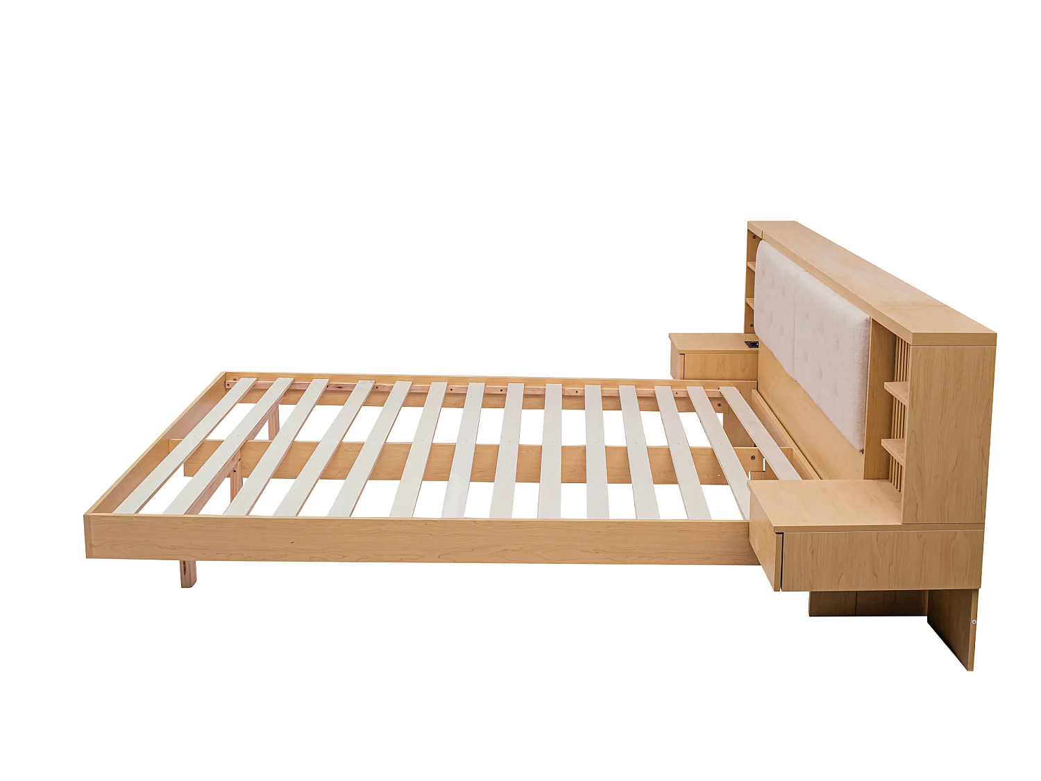 Vuxensäng 180x200 cm med USB-port och 2 nattduksbord - Naturfärgad och beige dubbelsäng