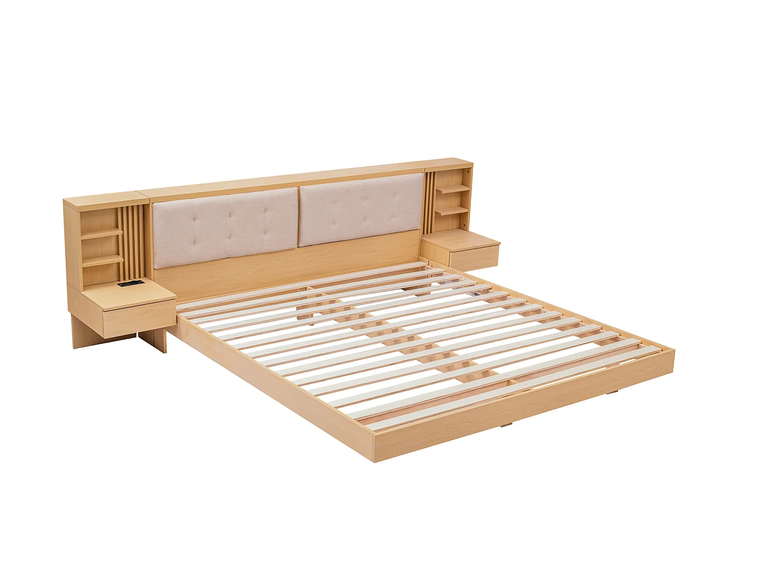 Vuxensäng 180x200 cm med USB-port och 2 nattduksbord - Naturfärgad och beige dubbelsäng
