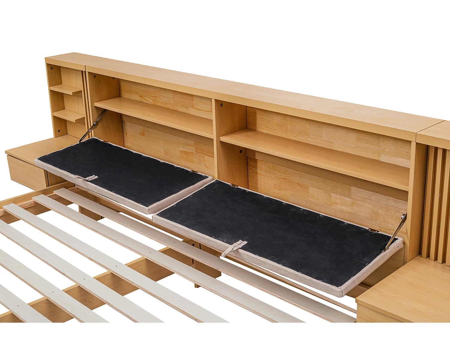 Vuxensäng 180x200 cm med USB-port och 2 nattduksbord - Naturfärgad och beige dubbelsäng
