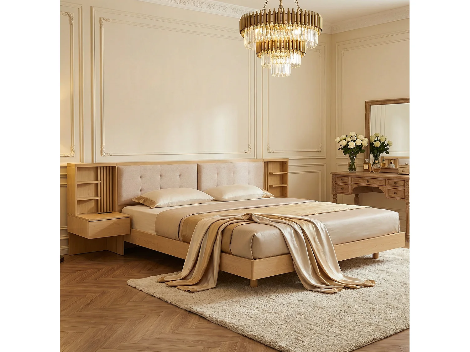 Vuxensäng 180x200 cm med USB-port och 2 nattduksbord - Naturfärgad och beige dubbelsäng