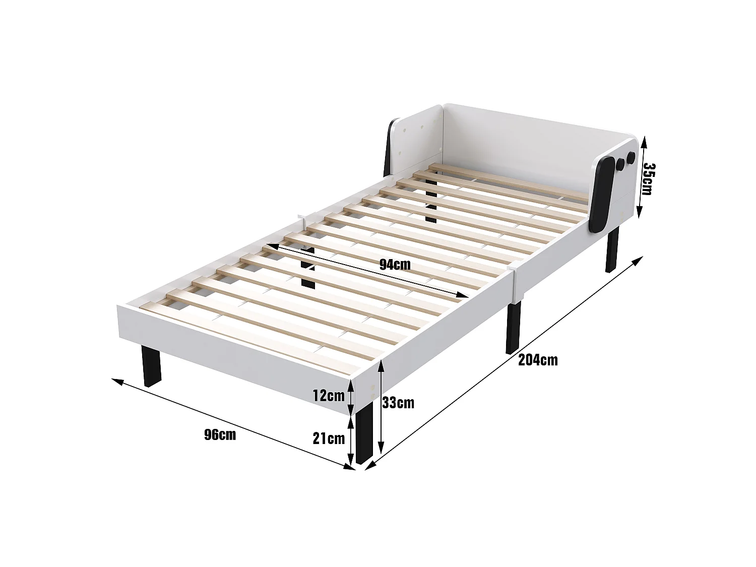 Lit Enfant 90x200 cm, Lit pour Enfants Aver barrière et Sommier à Lattes, Lit Enfant en Bois Massif Pin, pour Enfants et Bébés, Blanc