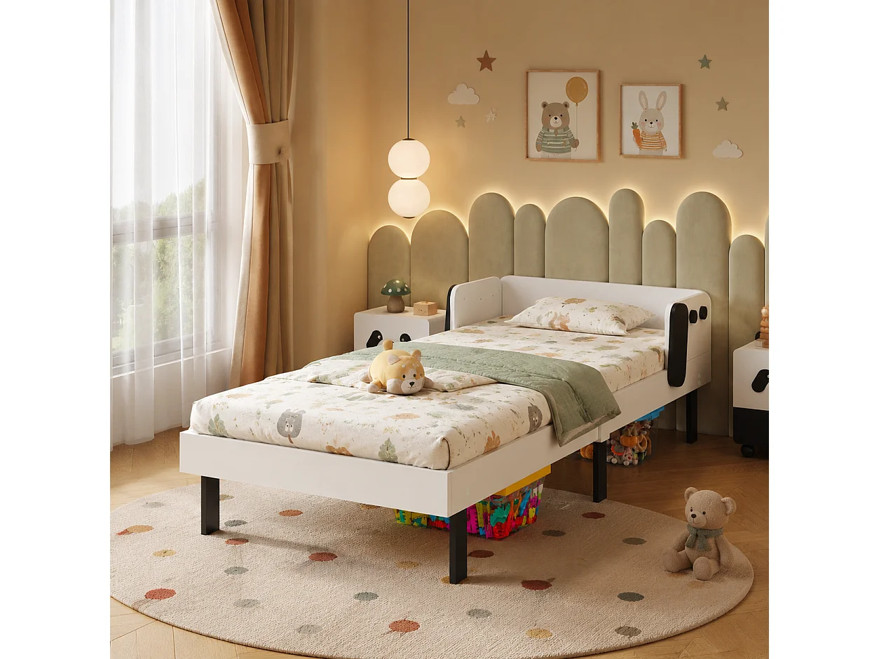 Lit Enfant 90x200 cm, Lit pour Enfants Aver barrière et Sommier à Lattes, Lit Enfant en Bois Massif Pin, pour Enfants et Bébés, Blanc