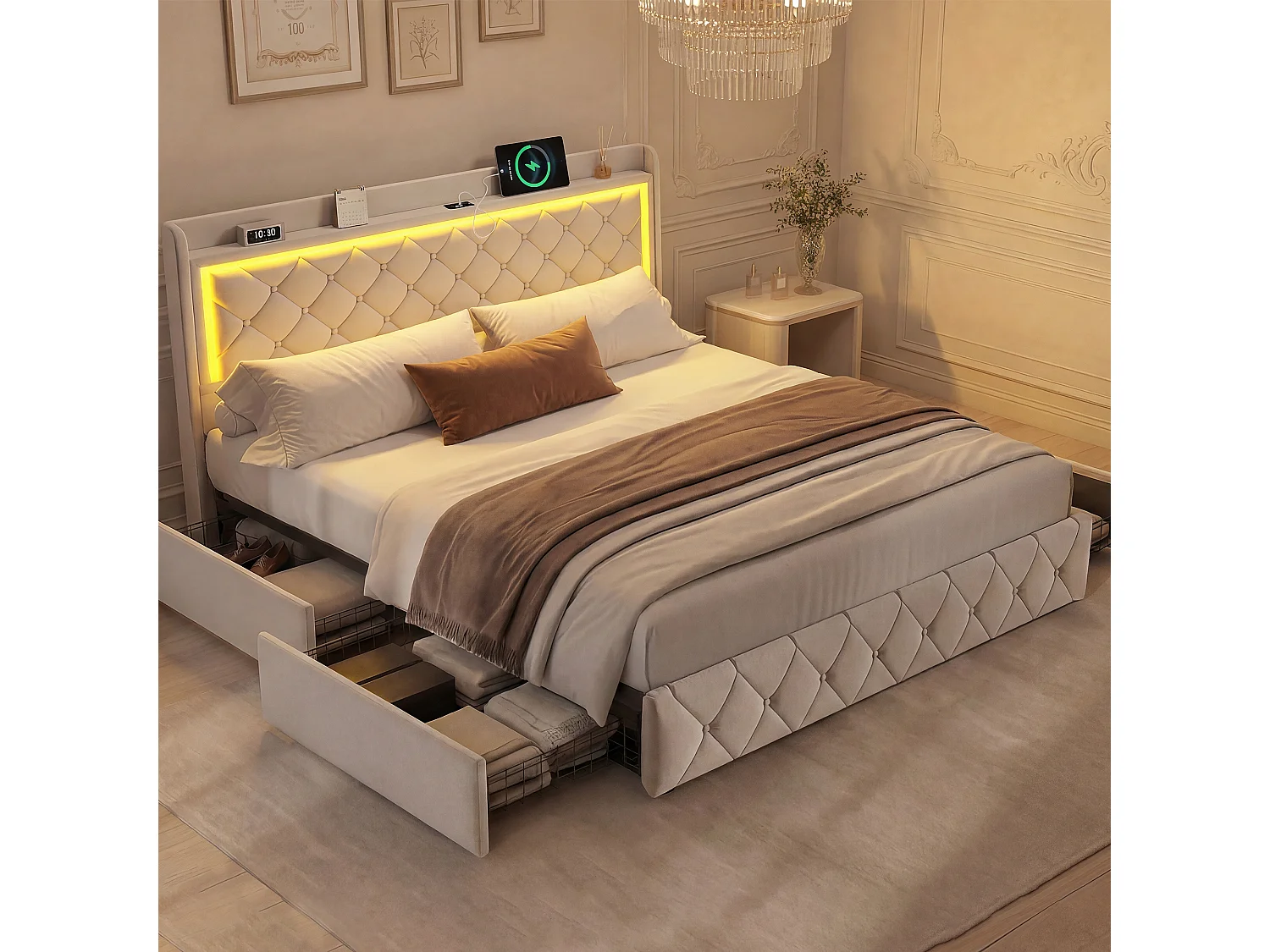Lit 160x200 - Lit double 160 x 200 cm avec LED, USB et 4 tiroirs - lit capitonné avec tête de lit - cadre de lit adulte avec sommier à lattes - Velours Beige