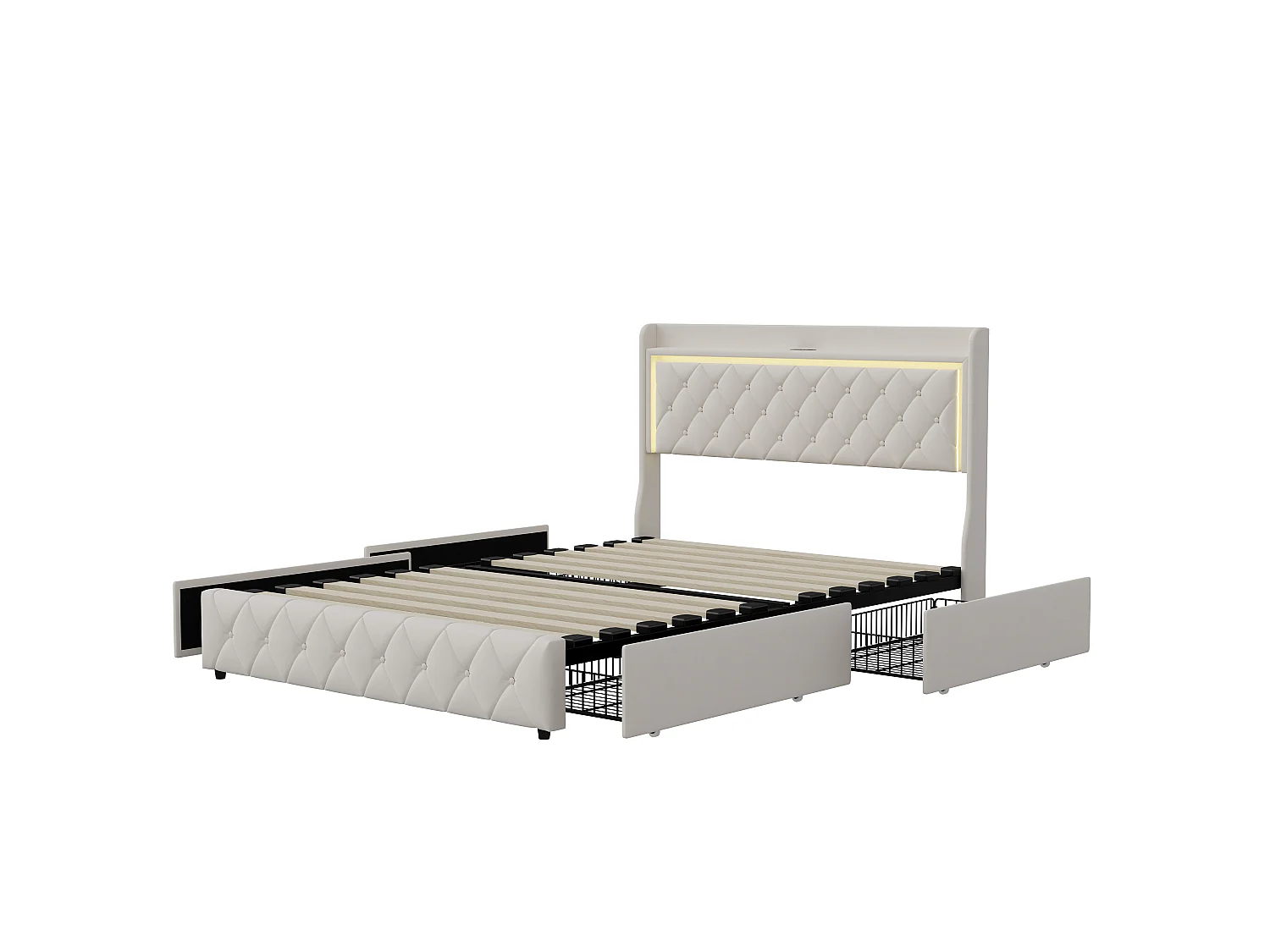 Lit 160x200 - Lit double 160 x 200 cm avec LED, USB et 4 tiroirs - lit capitonné avec tête de lit - cadre de lit adulte avec sommier à lattes - Velours Beige