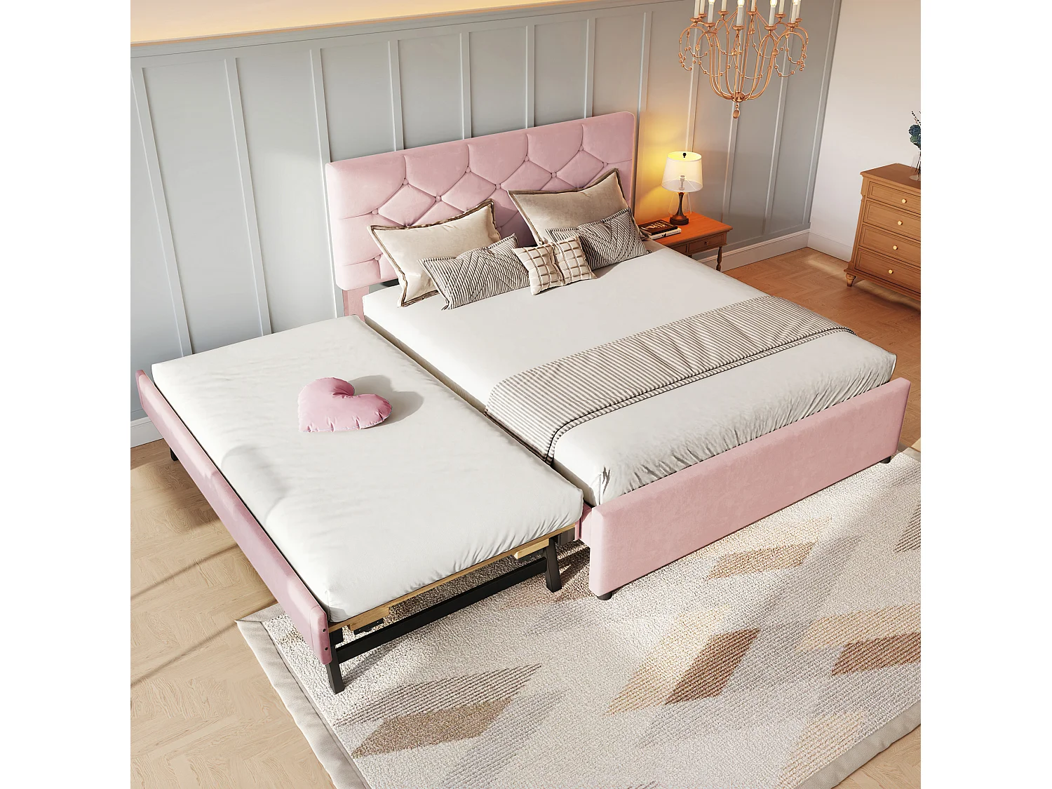 Lit adulte 140 x 200 cm avec lit gigogne 90x190 cm - Velours rose