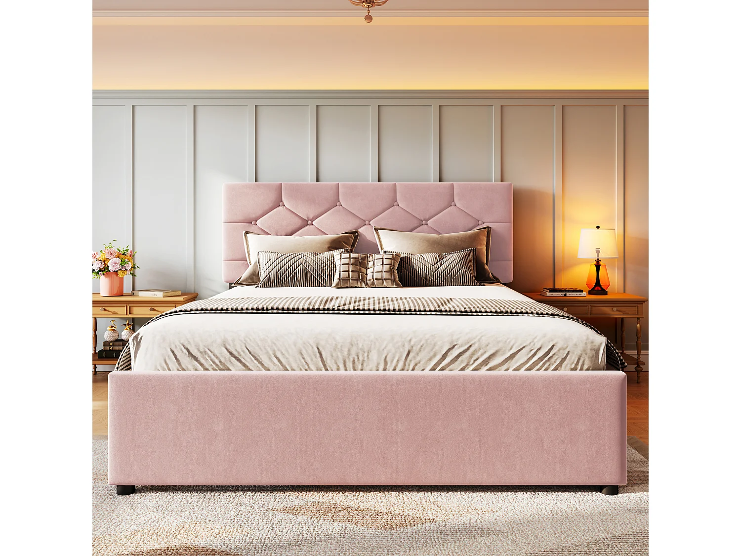 Lit adulte 140 x 200 cm avec lit gigogne 90x190 cm - Velours rose