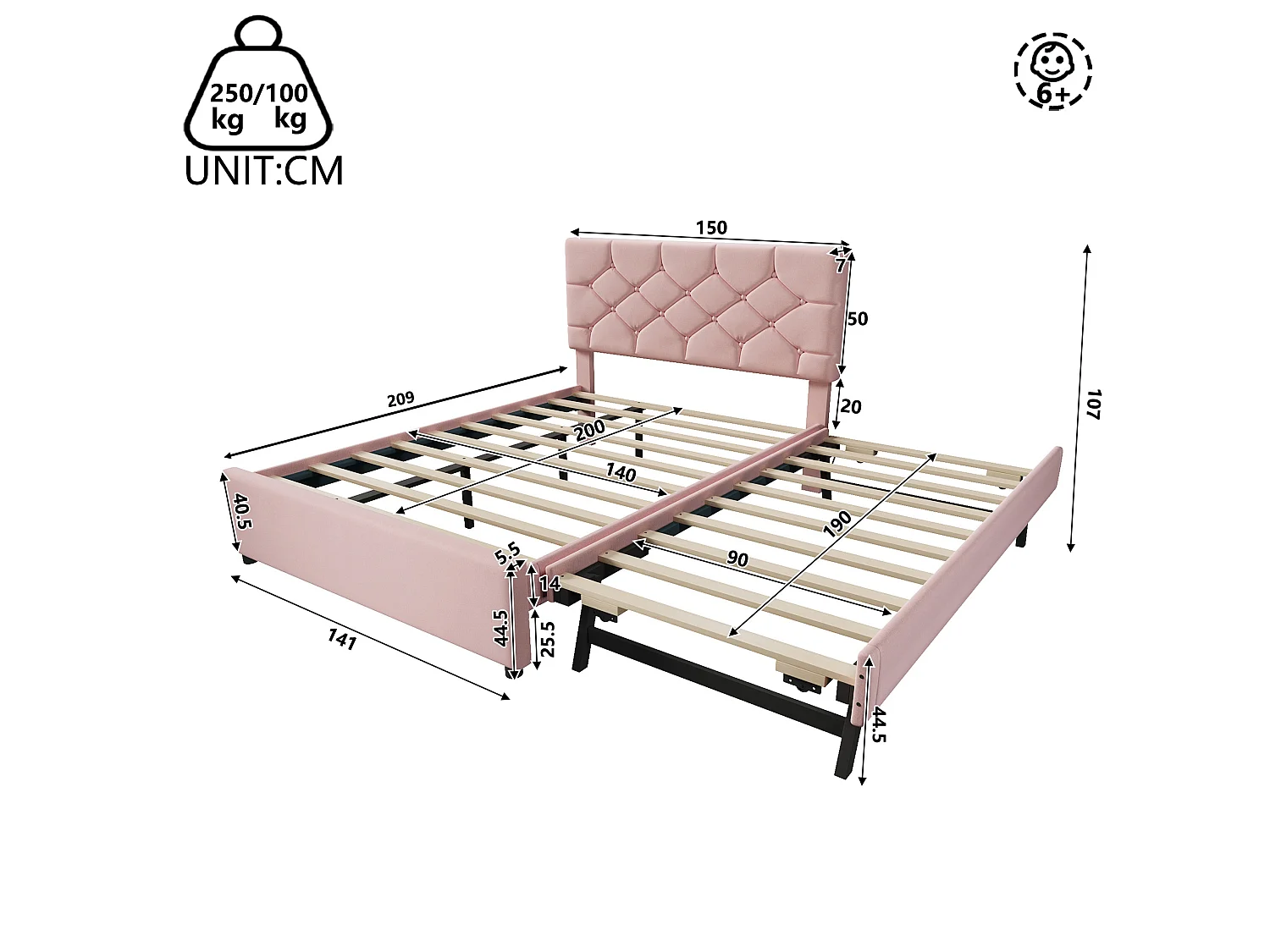 Lit adulte 140 x 200 cm avec lit gigogne 90x190 cm - Velours rose