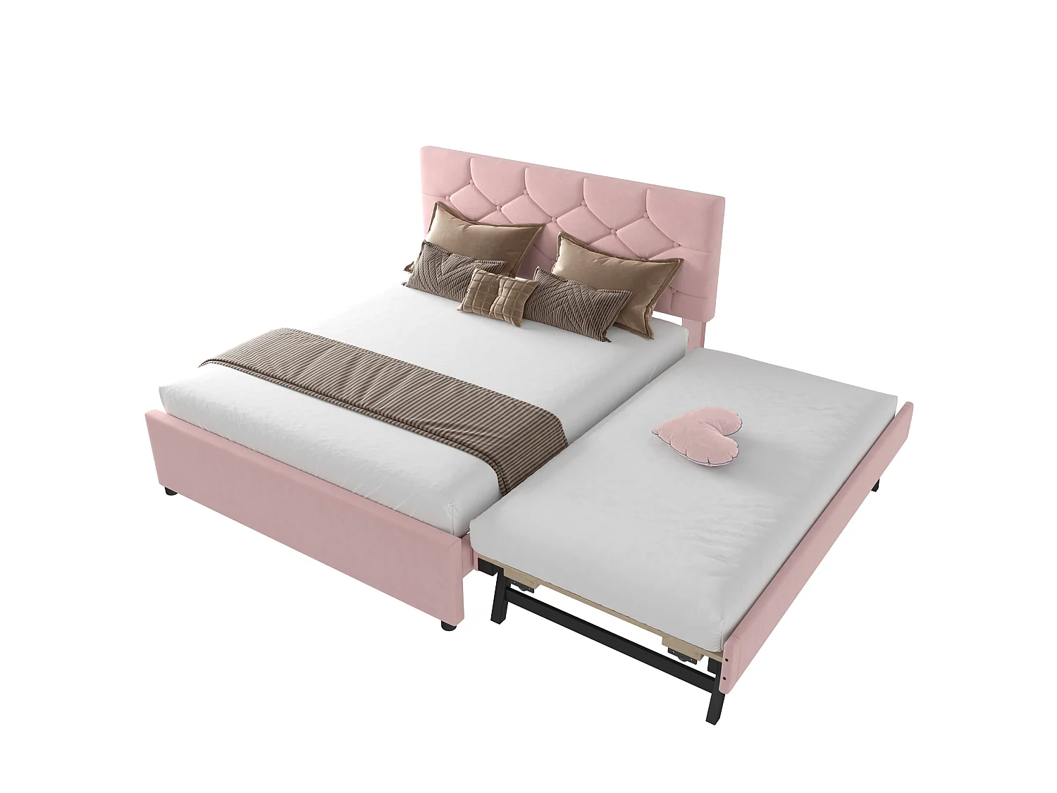 Lit adulte 140 x 200 cm avec lit gigogne 90x190 cm - Velours rose