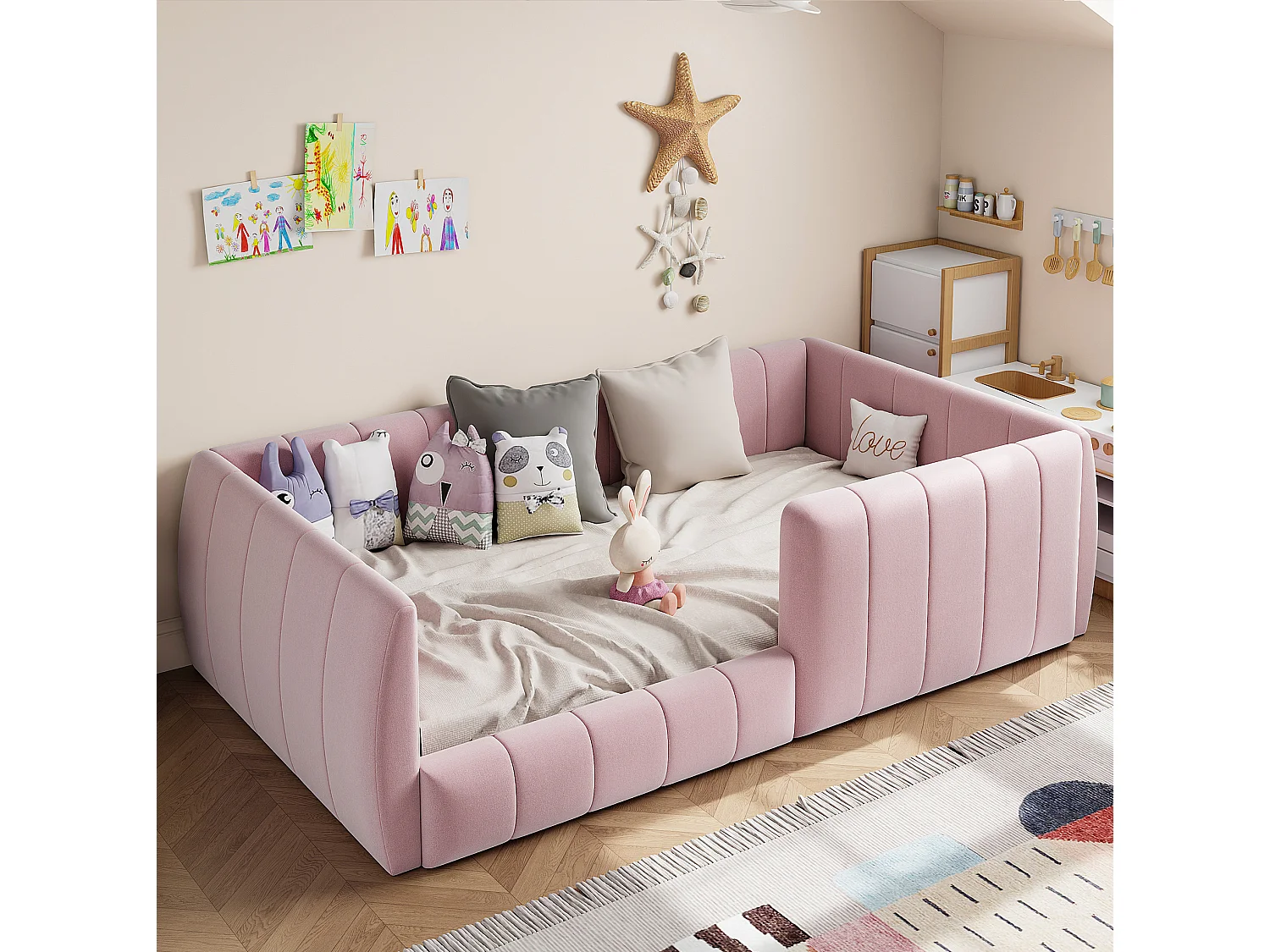Letto per bambini 90x200 cm in velluto rosa con sponde di sicurezza