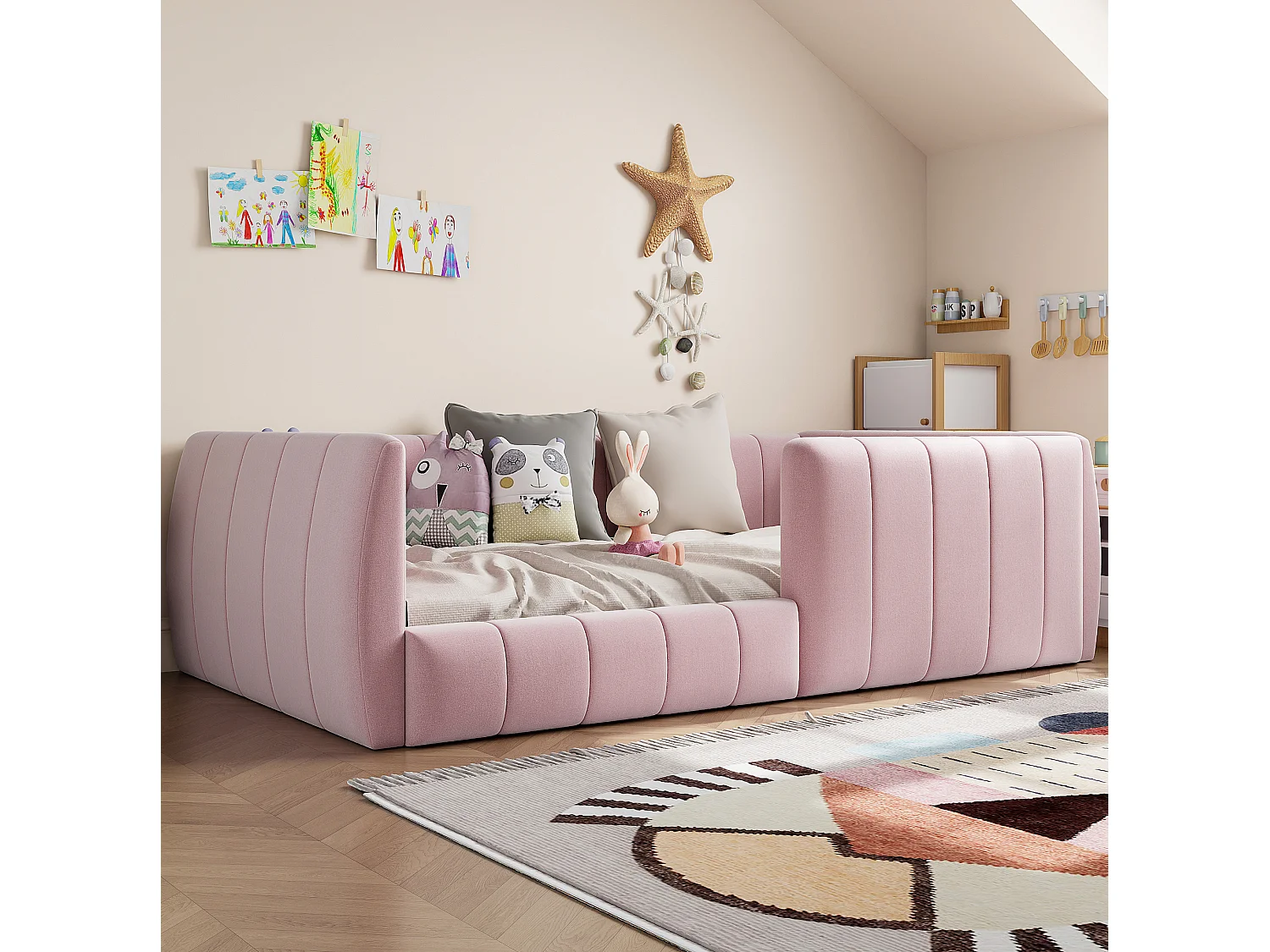 Letto per bambini 90x200 cm in velluto rosa con sponde di sicurezza