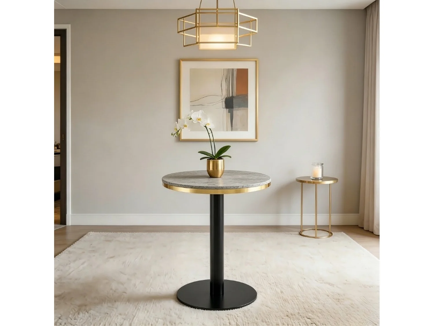 Table d’appoint ronde 60 cm effet marbre gris - Pied en métal noir
