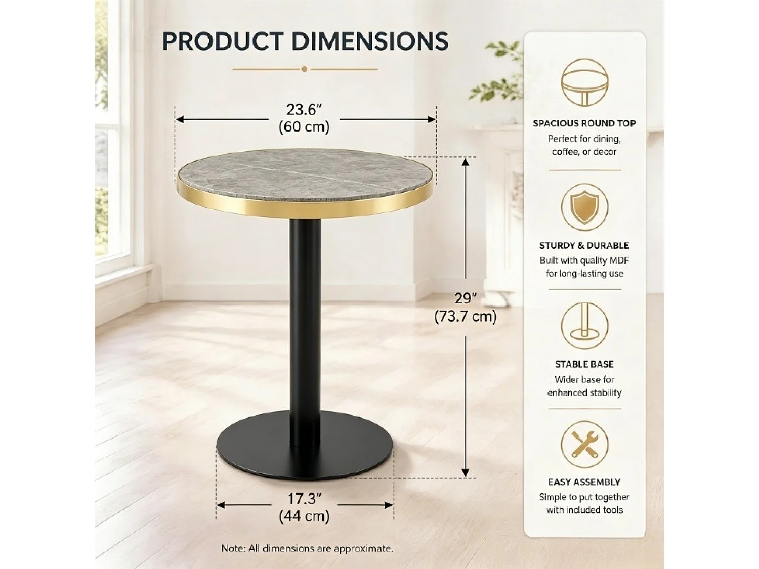 Table d’appoint ronde 60 cm effet marbre gris - Pied en métal noir