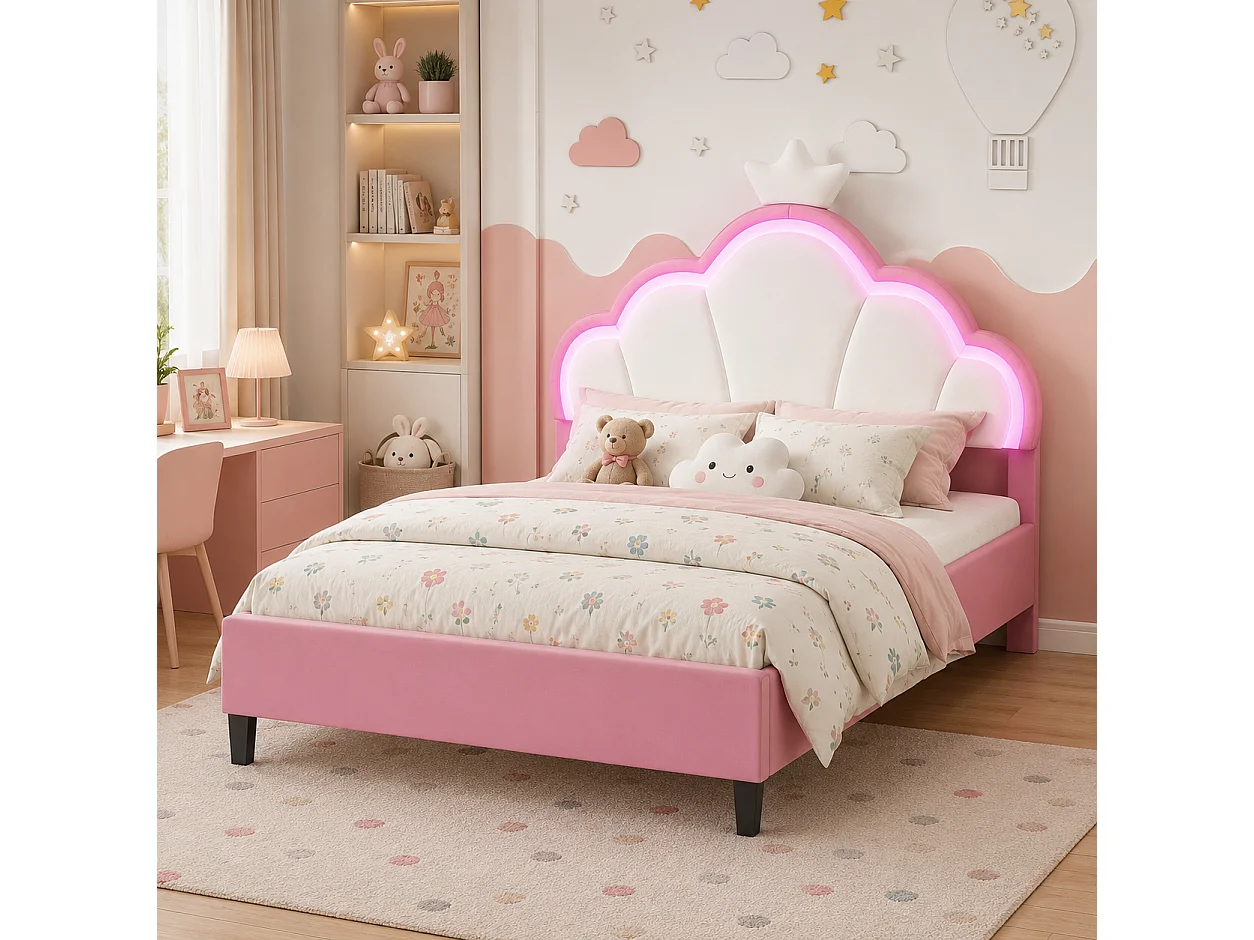 Lit Enfant Rembourré 140x190 cm avec LED pour Fille, Tête de Lit Réglable en Hauteur, Sommier à Lattes, Design Couronne de Princesse, Velours Rose