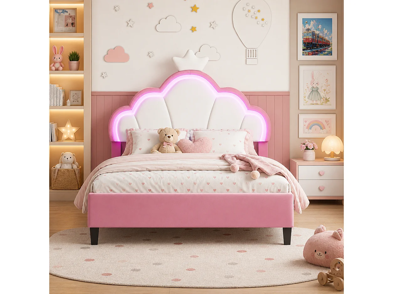 Lit Enfant Rembourré 140x190 cm avec LED pour Fille, Tête de Lit Réglable en Hauteur, Sommier à Lattes, Design Couronne de Princesse, Velours Rose