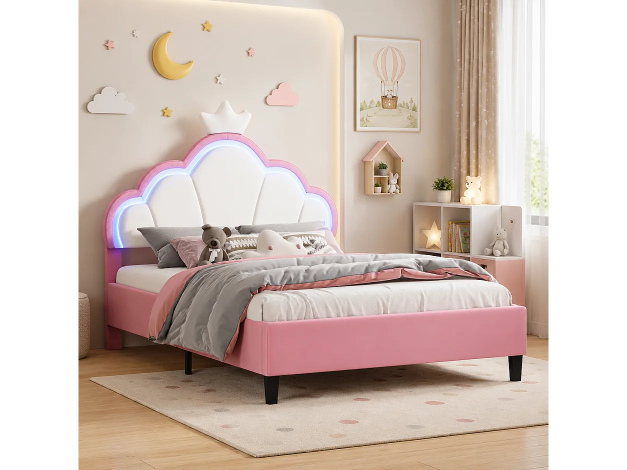 Lit Enfant Rembourré 140x190 cm avec LED pour Fille, Tête de Lit Réglable en Hauteur, Sommier à Lattes, Design Couronne de Princesse, Velours Rose