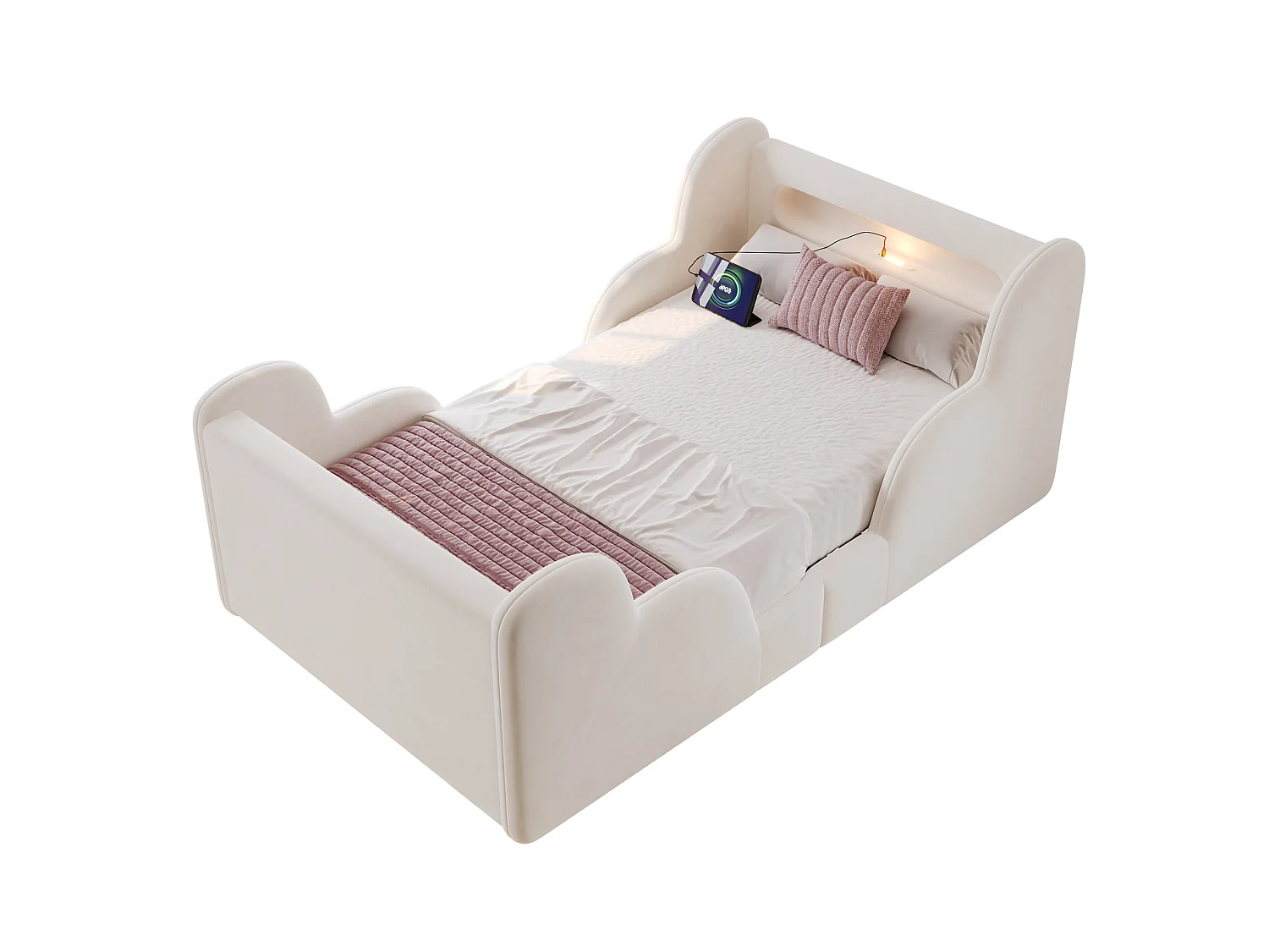 Lit enfant 90x200 cm avec veilleuse LED, ports USB et Type-C - Velours beige
