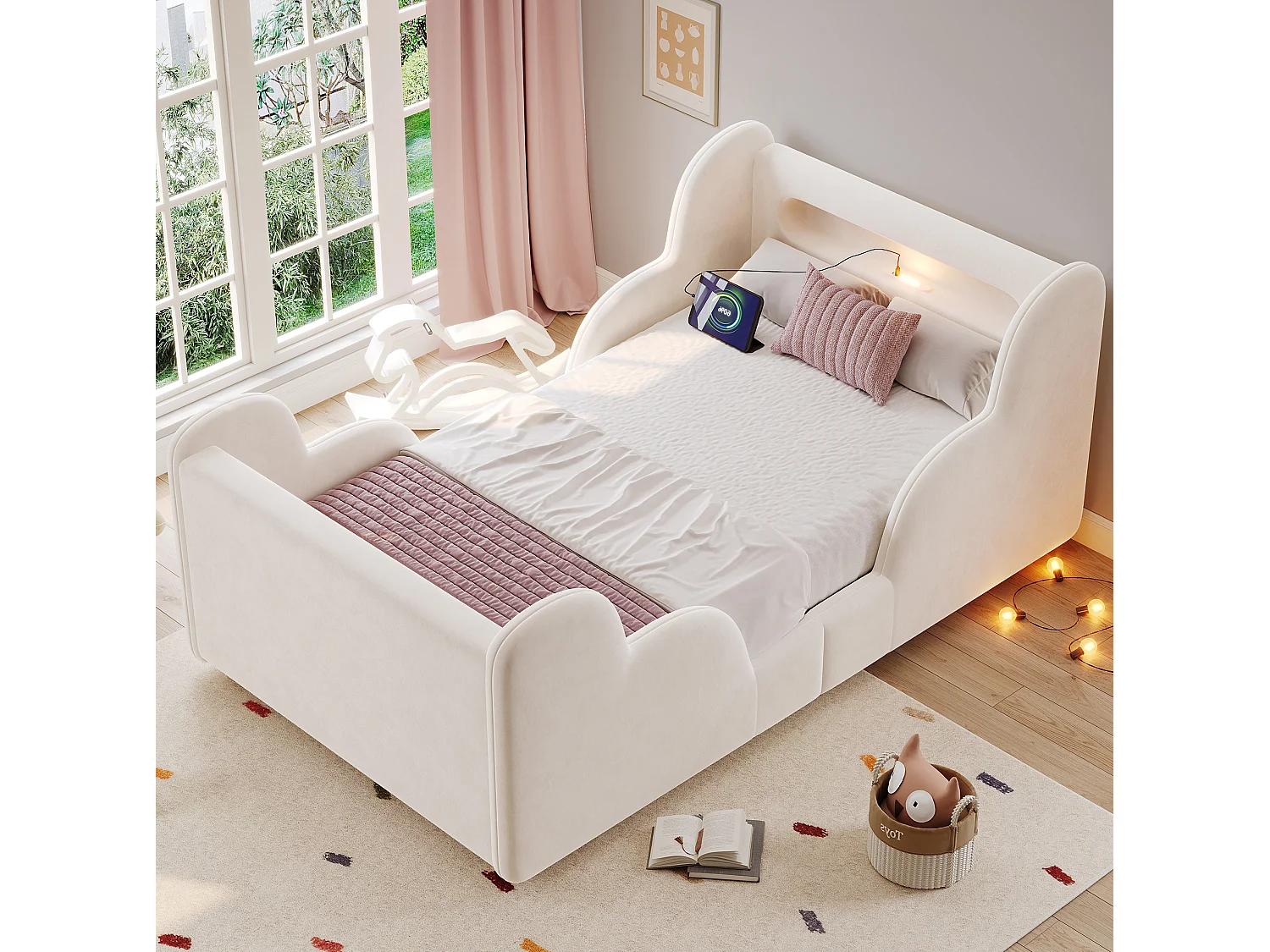 Lit enfant 90x200 cm avec veilleuse LED, ports USB et Type-C - Velours beige