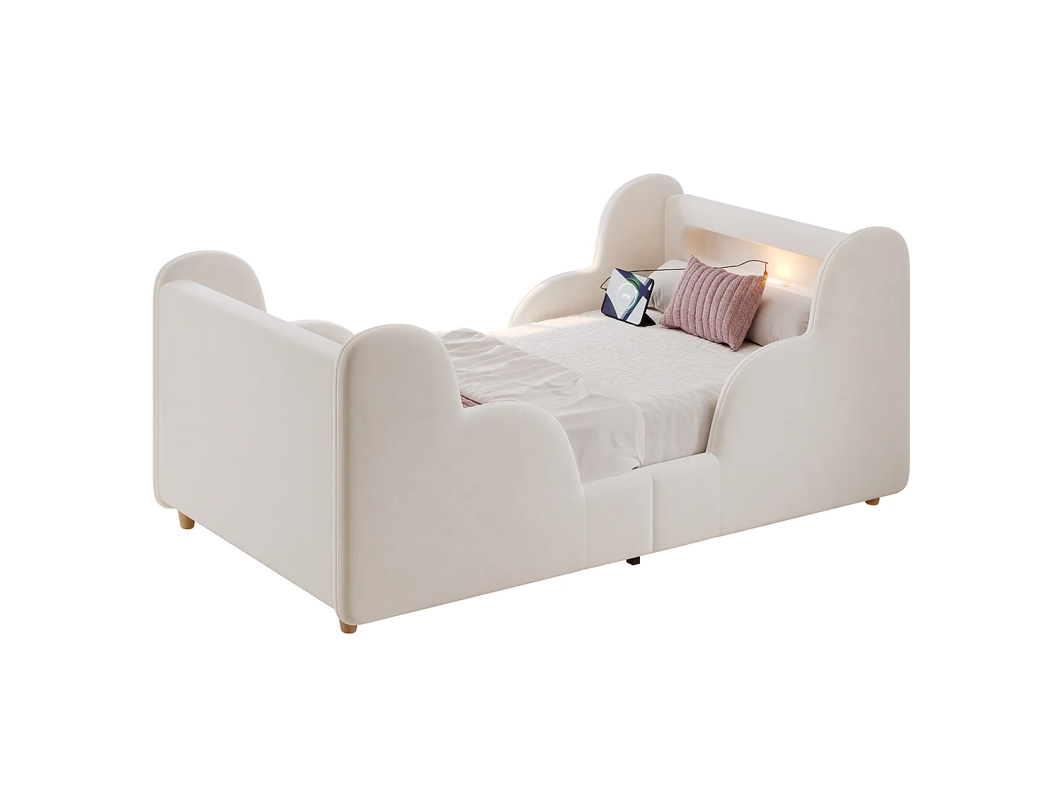 Lit enfant 90x200 cm avec veilleuse LED, ports USB et Type-C - Velours beige
