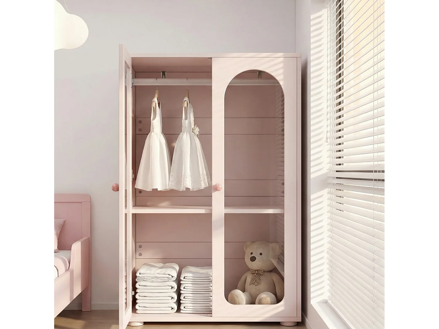 Armoire enfant rose avec 2 portes en acrylique et tringle - MDF