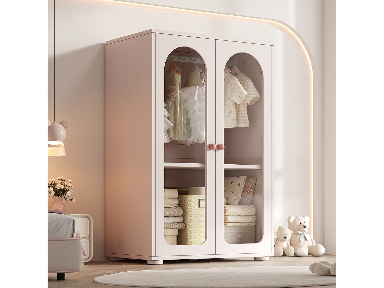 Armoire enfant rose avec 2 portes en acrylique et tringle - MDF